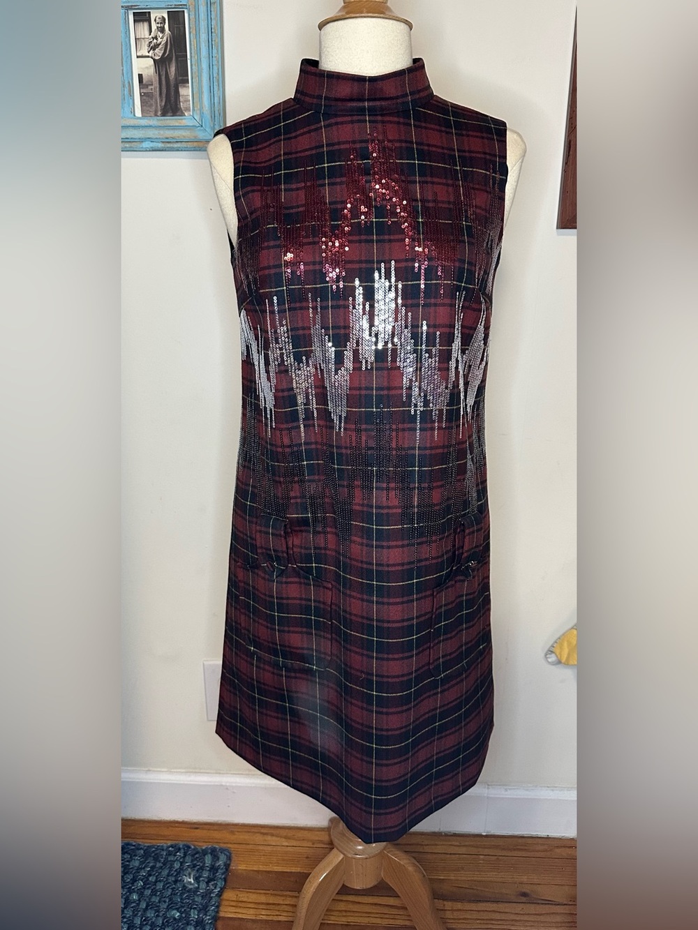 Giamba Sleeveless Mock Neck Burgundy Plaid Mini Dress with Sequin Wave
